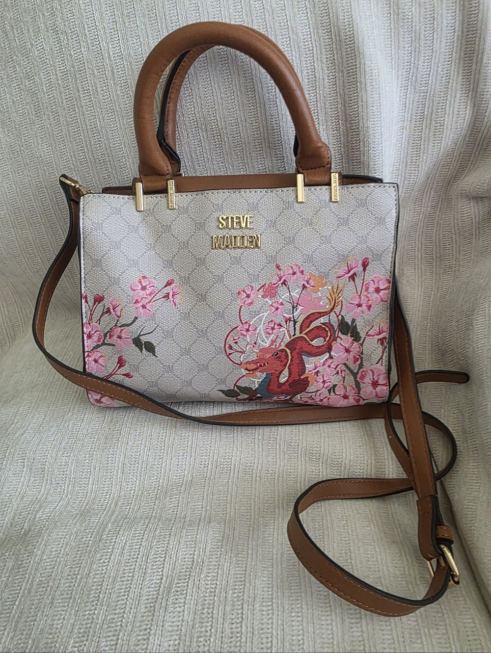 Steve Madden Pink Floral Snake Print Crossbody with Tan Trim